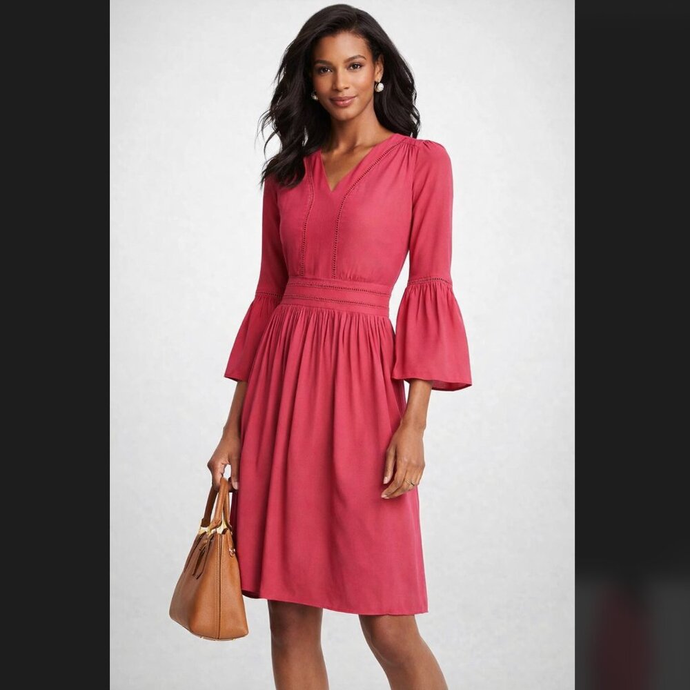 Ann Taylor Dress 12 Raspberry Bell Sleeve Cutout Trim V Neck Knee Boho Feminine